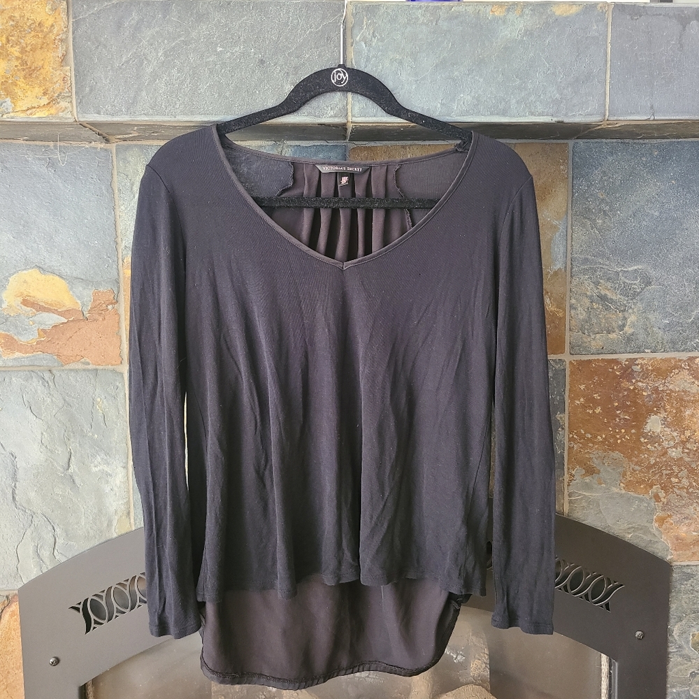 Victoria's Secret Black V Neck Long Sleeve Satin Inset Going Out Blouse small